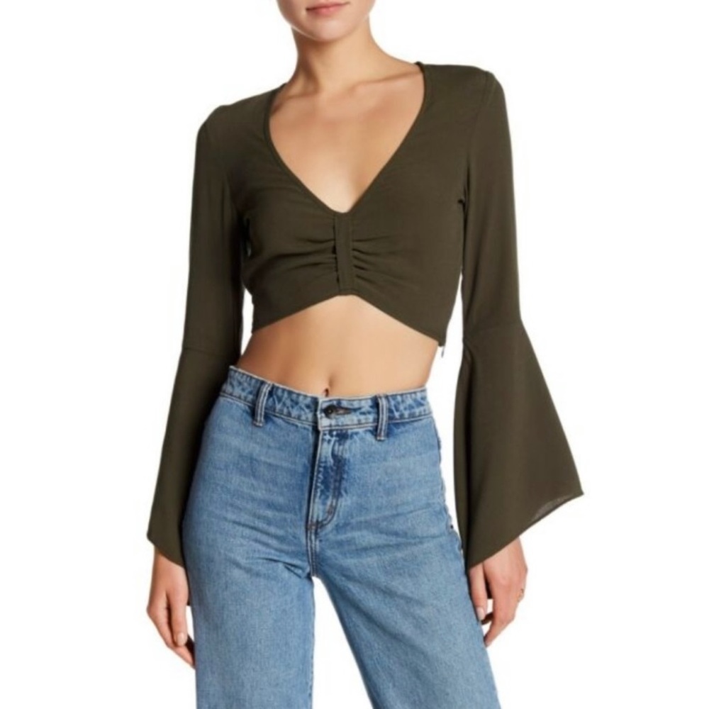Flynn Skye Alyssa Crop Top in Forest Olive Green w/ Bell Sleeves NWT Small